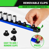 3/8-Inch Magnetic Socket Organizer Rail, Aluminum Alloy Socket Rail, Heavy Duty Sockets Holder with 14 Clips, 360° Swivel Clip Tool Tray, Sockets Organizer for Tool Box Drawer (Blue)