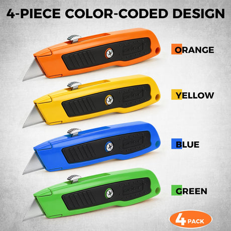 HORUSDY 4-Pack Box Cutter Utility Knife, Heavy Duty Aluminum Shell Retractable Box Cutter for Cardboard, Boxes and Cartons, Extra 10 Blades