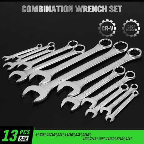 30-Piece Combination Wrench Set, Metric (6mm-24mm) & SAE (1''-1/4"), Standard Spanner Wrench Set, Mechanic Tool Sets with Rolling Pouch, Open End Wrenches for Household, Garage, Workshop, Auto Repairs