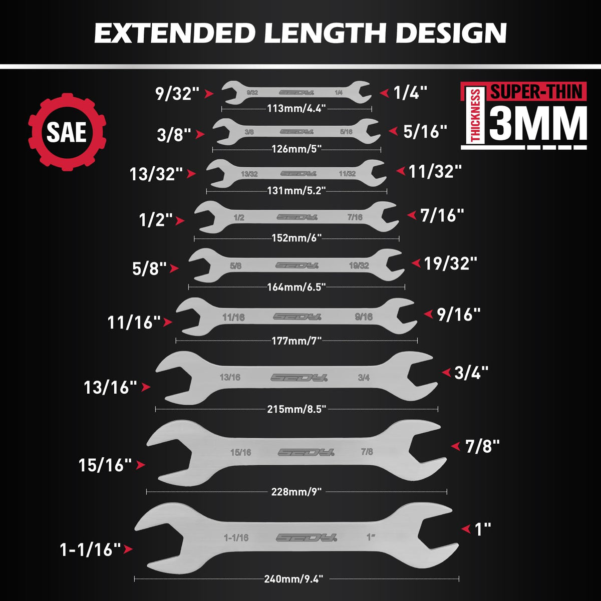 9-Piece Super Thin Open-End Wrench Set, SAE 1/4"-1-1/16", 3mm Thickness Slim Wrench Set for Tight Spaces, Nickel Plated Flat Wrenches with Rolling Storage Pouch