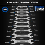 10-Piece Super Thin Open-End Wrench Set, Metric 5.5–27mm, 3mm Thickness Slim Wrench Set for Tight Spaces, Nickel Plated Flat Wrenches with Rolling Storage Pouch