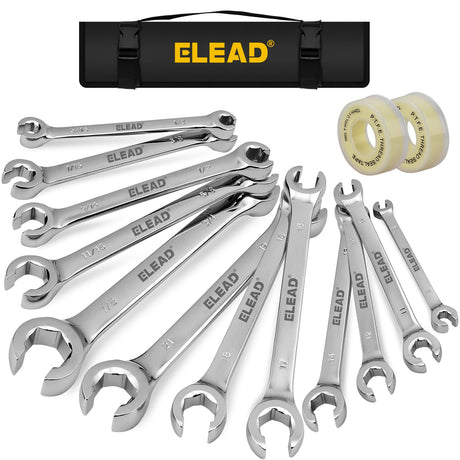 ELEAD 14-Piece Flare Nut Wrench Set with PTFE Tape, Metric & SAE 1/4"-7/8"& 6-21mm, Brake Line Wrench Set Double Open End with Organizer Pouch for Repairing and Removing Nuts