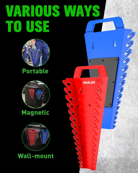 SWANLAKE Magnetic Wrench Organizer Toolbox Holder, 2-Pack SAE (1/4'' to 1-1/16''), Metric (6mm to 27mm) Ratchet Wrench Organizers, Total Hold 30 Slots Wrench Holders for Tool Box