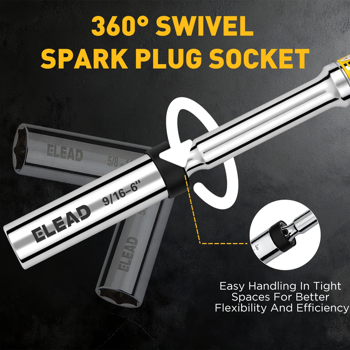 9/16" Swivel Magnetic Spark Plug Socket, 3/8" Drive x 6" Total Length, Thin Wall Spark Plug Removal Tool, 360 Degree Swivel, Enhanced Magnetic, 6-Point Design, Cr-V Steel