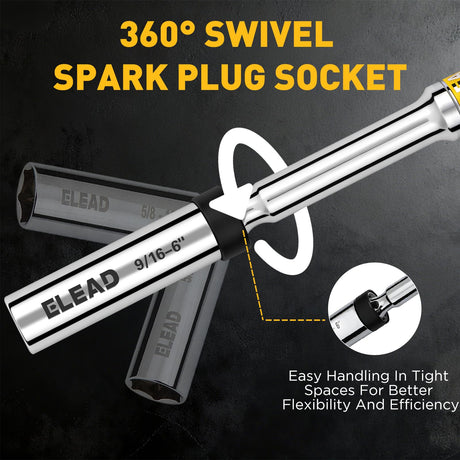 9/16" Swivel Magnetic Spark Plug Socket, 3/8" Drive x 6" Total Length, Thin Wall Spark Plug Removal Tool, 360 Degree Swivel, Enhanced Magnetic, 6-Point Design, Cr-V Steel