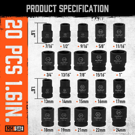 HORUSDY 1/2" Drive Shallow Impact Socket Set, 24-Piece SAE (7/16"-1") and Metric (13-24mm), 6 Point, Cr-V, Includes 1/2-Inch Drive Ratchet Handle, Drive Extension Bar