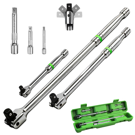 6-Piece Premium Breaker Bar Set, 1/4", 3/8" & 1/2" Drive, Heavy Duty Breaker Bars, 6-inch, 10-inch, 15-inch Length with 180° Rotatable Head