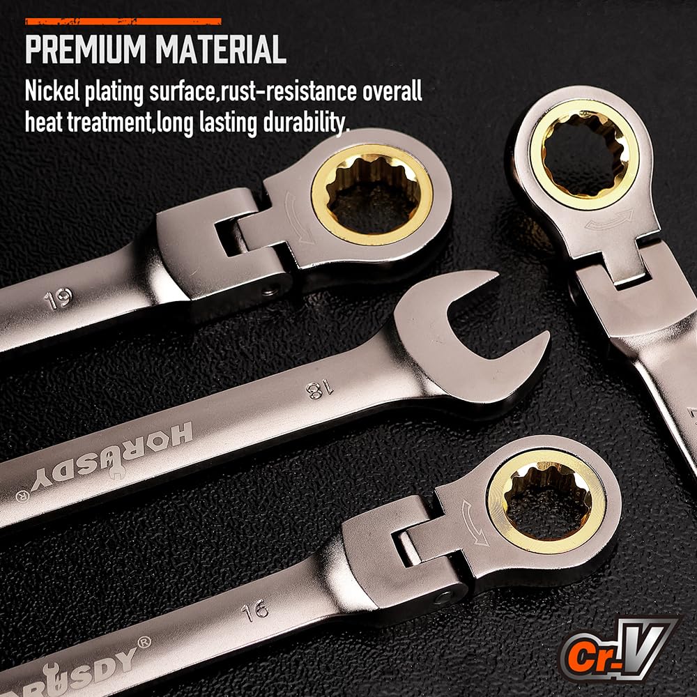 HORUSDY 12-Piece Metric Flex-Head Ratcheting Wrench Set with Organizer | 8-19 mm Ratchet Combination Wrenches Set | 72-Teeth | Chrome Vanadium Steel