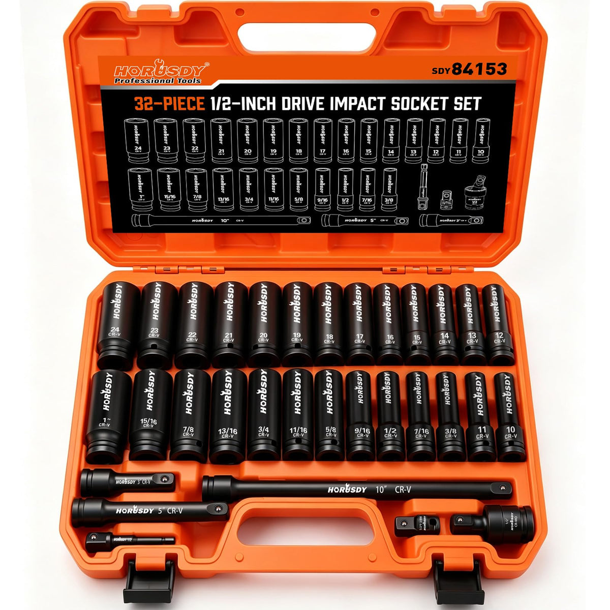 32-Piece 1/2" Drive Impact Socket Set - Metric (10mm–24mm) and SAE (3/8"–1") Deep Socket Set with Extension Bar, Swivel Socket, Adapter, CR-V Steel for Auto Repair