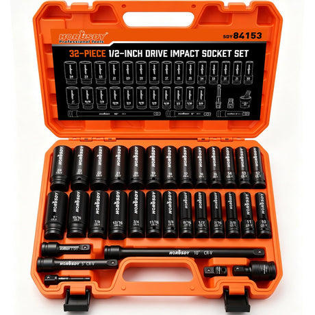 32-Piece 1/2" Drive Impact Socket Set - Metric (10mm–24mm) and SAE (3/8"–1") Deep Socket Set with Extension Bar, Swivel Socket, Adapter, CR-V Steel for Auto Repair