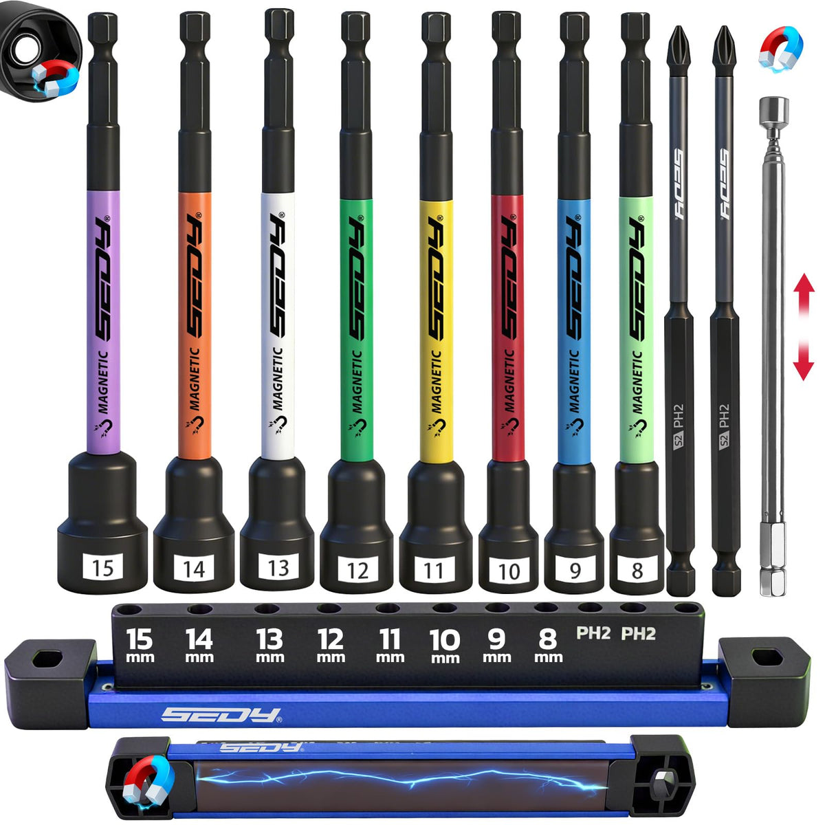 11PCS Magnetic Extra Long Nut Driver Set, Metric 8-15mm, 6" Impact Nut Drivers with PH2 Bits, 1.5lb Telescoping Magnetic Pickup Tool & Storage Rail, 1/4" Hex Shank, S2 Steel for Automotive Home Repair