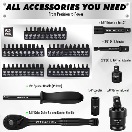 105-Piece 3/8" Drive Impact Socket Set, SAE (5/16 to 3/4 inch) and Metric (8-22mm) 6 Point CR-V Steel Socket Wrench Set, Extension Bars, Universal Joint, Ratchet Handle, Screwdriver Bit Mechanic Tool