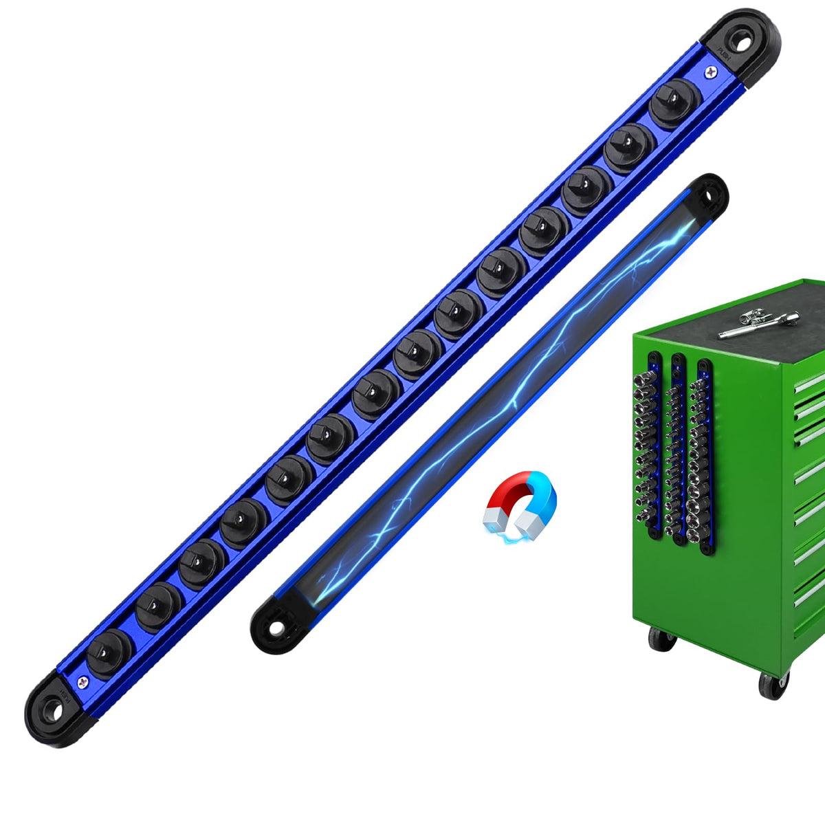 1/4-inch Magnetic Socket Organizer Rail, Aluminum Alloy Socket Rail, Heavy Duty Sockets Holder with 14 Clips, 360° Swivel Clip Tool Tray, Sockets Organizer for Tool Box Drawer (Blue)