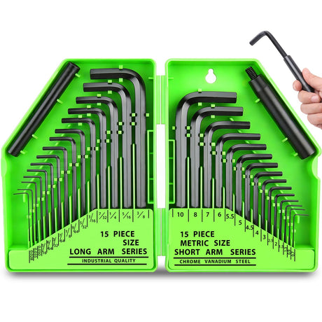 32-Piece Hex Key Allen Wrench Set, SAE and Metric Allen Keys MM(0.7mm-10mm) SAE(0.028"-3/8), L Shape, Chrome Vanadium Steel, Easy Organization