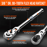 HORUSDY 3/8" Drive 90-Tooth Flex Head Ratchet Handle, 180° Adjustable CR-V Ratchet with Quick Release & Reversible Switch, 4° Swing Arc Socket Wrench for Automotive, Bike & DIY Repair