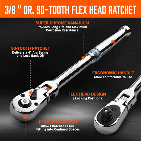 HORUSDY 3/8" Drive 90-Tooth Flex Head Ratchet Handle, 180° Adjustable CR-V Ratchet with Quick Release & Reversible Switch, 4° Swing Arc Socket Wrench for Automotive, Bike & DIY Repair