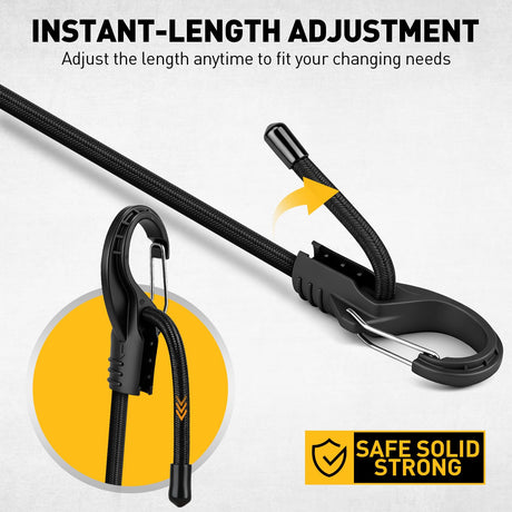 8-Piece 24-inch Adjustable Bungee Cords with Hooks, Heavy Duty Outdoor Carabiner Bungee Straps, Easily Adjust from 7" to 24", Black Super Elastic Cord for Cargo, Camping, Bike Racks, Tents