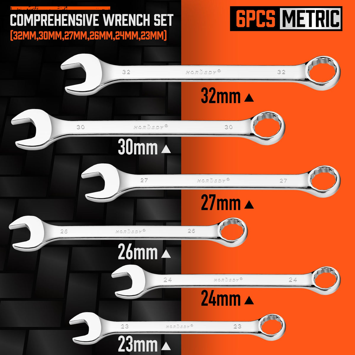 HORUSDY Large Wrench Set with Rolling Pouch | Metric | 6-Piece | 23mm, 24mm, 26mm, 27mm, 30mm, 32mm | 12 Point | Chrome Vanadium Steel
