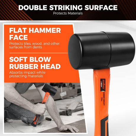 HORUSDY 16oz Durable Rubber Mallet Hammer with Fiberglass Handle, Non-Marring Blow Tool for Flooring, Tent Stakes, Woodworking, and Camping, Non-Slip Grip