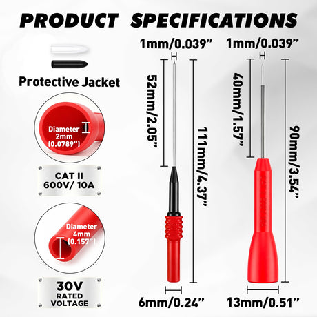 14-Piece Automotive Back Probe & Multimeter Needle Probe Kit, 30V 4mm Banana Plug Backprobe Pins, CAT II 600V 10A 2mm Insulated Test Probes, Stainless Steel Tips for Car Electrical Circuit Testing