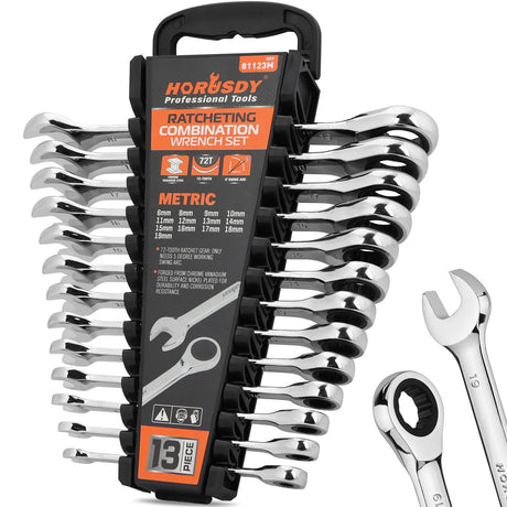 HORUSDY 13-Piece Sturdy Ratcheting Wrench Set | Metric Sizes 6–19mm | Max Torque Ratchet Combination Wrenches Set with Storage Rack | 72-Tooth | Chrome Vanadium Steel