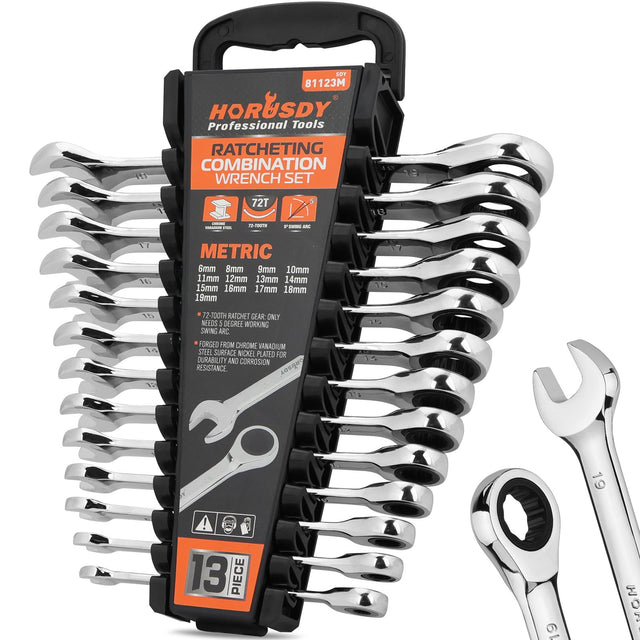 HORUSDY 13-Piece Sturdy Ratcheting Wrench Set | Metric Sizes 6–19mm | Max Torque Ratchet Combination Wrenches Set with Storage Rack | 72-Tooth | Chrome Vanadium Steel