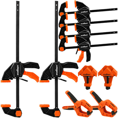 10-Piece Bar Clamp Set for Woodworking, 4 x 6-inch & 2 x 12-inch One-Handed F Clamp/Spreader, 132 lbs Load Capacity, Includes Spring Clamps & 90° Angle Clamp, Quick-Release Grip