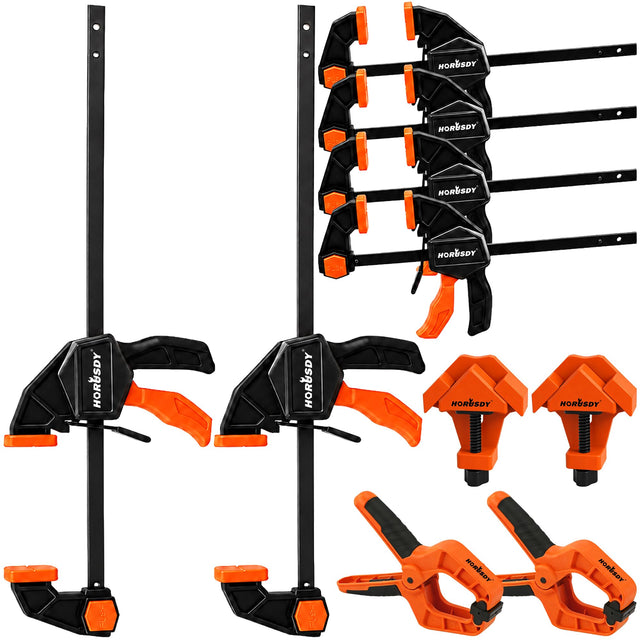 10-Piece Bar Clamp Set for Woodworking, 4 x 6-inch & 2 x 12-inch One-Handed F Clamp/Spreader, 132 lbs Load Capacity, Includes Spring Clamps & 90° Angle Clamp, Quick-Release Grip