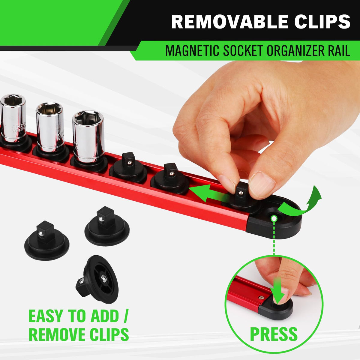 1/4-Inch Magnetic Socket Organizer Rail, Aluminum Alloy Socket Rail, Heavy Duty Sockets Holder with 14 Clips, 360° Swivel Clip Tool Tray, Sockets Organizer for Tool Box Drawer (Red)