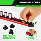 1/4-Inch Magnetic Socket Organizer Rail, Aluminum Alloy Socket Rail, Heavy Duty Sockets Holder with 14 Clips, 360° Swivel Clip Tool Tray, Sockets Organizer for Tool Box Drawer (Red)