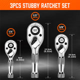 HORUSDY 3 Piece 90T Stubby Ratchet Handle Set, 1/4" 3/8" 1/2" Drive Mini Socket Wrench, Compact Reversible Ratchets for Tight Spaces, Car & Home Repair, DIY, Mechanic Tool