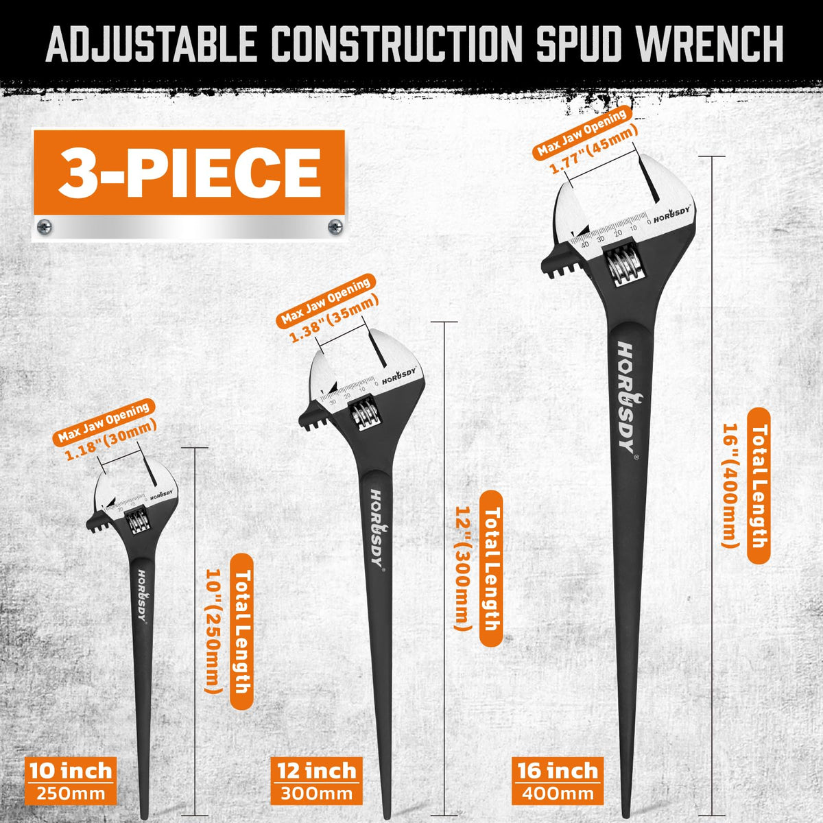 HORUSDY 3-Piece Adjustable Spud Wrench Set, 10", 12", 16", CR-V Steel, SAE & Metric Scale, Black Oxide Finish, Heavy Duty Wrenches for Construction, Mechanical Repair, DIY and Outdoor Projects