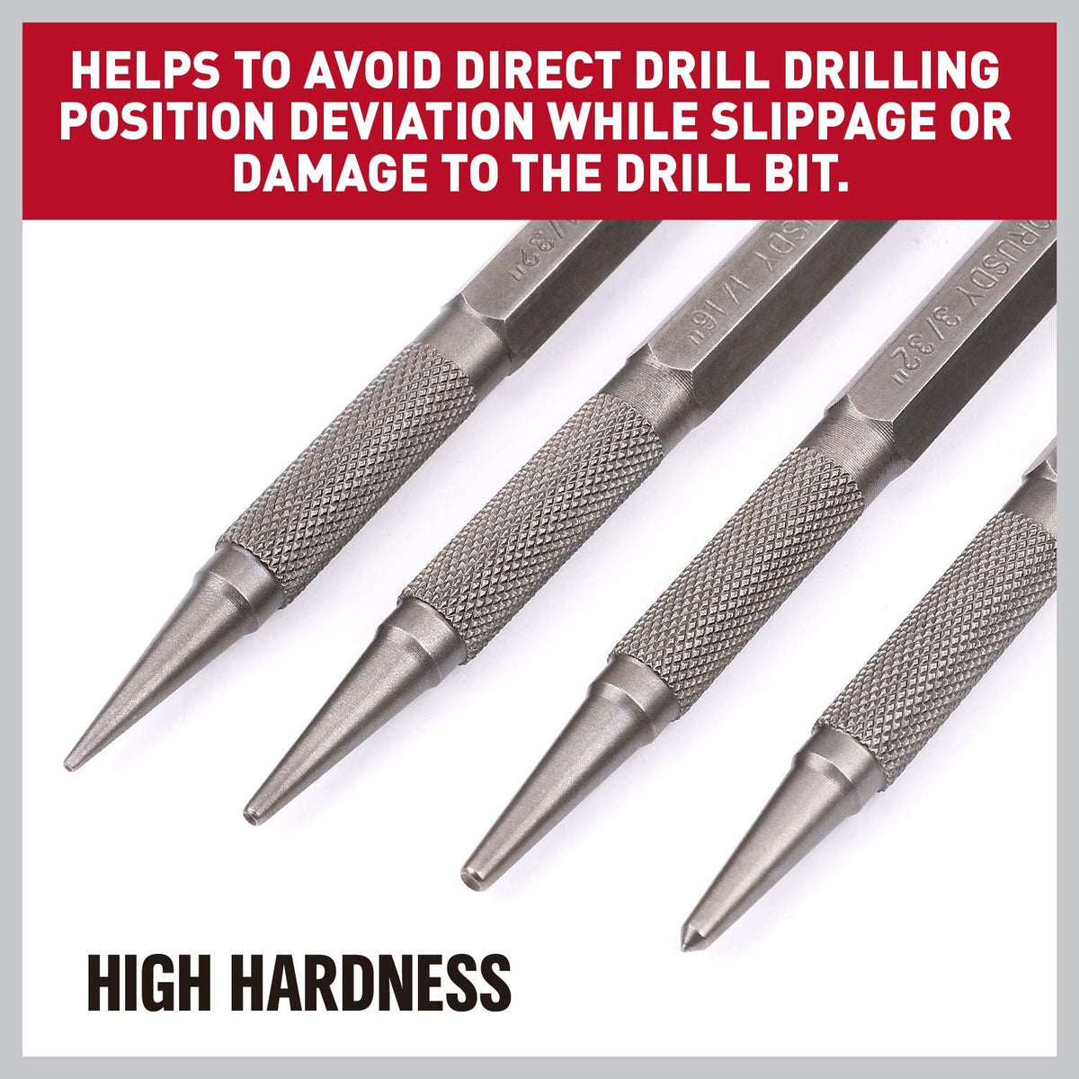 HORUSDY 4-Piece Durable Nail Setter Punch & Center Punch Set, Hardened Cr-V Steel with Non-Slip Knurled Grip, Includes 3 Nail Setters (1/32", 1/16", 3/32") and 1/8" Center Punch
