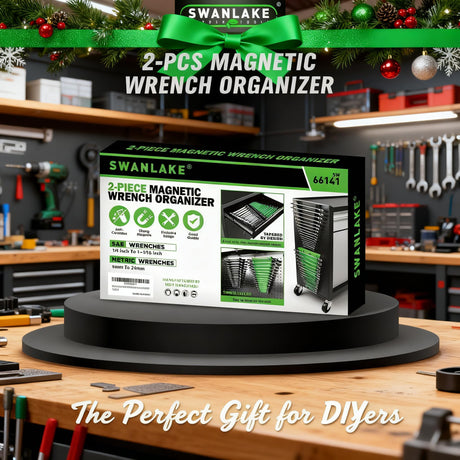 Magnetic Wrench Organizer 2-Piece, 32-Slot Drawer Storage, SAE (1/4" to 1-1/16"), Metric (6mm to 24mm), Green and Black