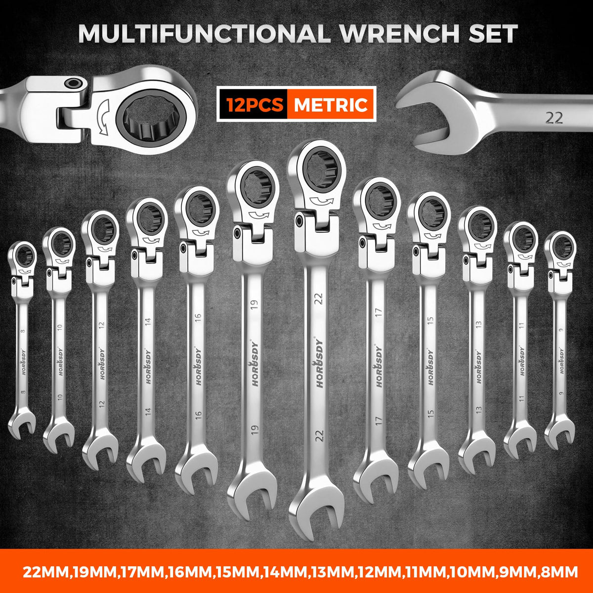 HORUSDY 12-Piece Metric Flex-Head Ratcheting Wrench Set 8-22mm, CR-V Ratchet Combination Wrenches with 72T 180° Flex Head, Magnetic Holder & Tool Bag for Auto, Motorcycle, Home & Repair