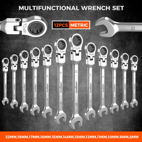 HORUSDY 12-Piece Metric Flex-Head Ratcheting Wrench Set 8-22mm, CR-V Ratchet Combination Wrenches with 72T 180° Flex Head, Magnetic Holder & Tool Bag for Auto, Motorcycle, Home & Repair