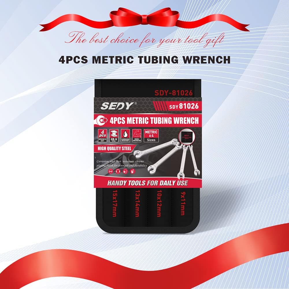 SEDY 4PCS Metric Tubing Wrench Set, double open end, 15° offset for tight spaces, CR-V steel, rust-resistant, ideal for plumbing and automotive use