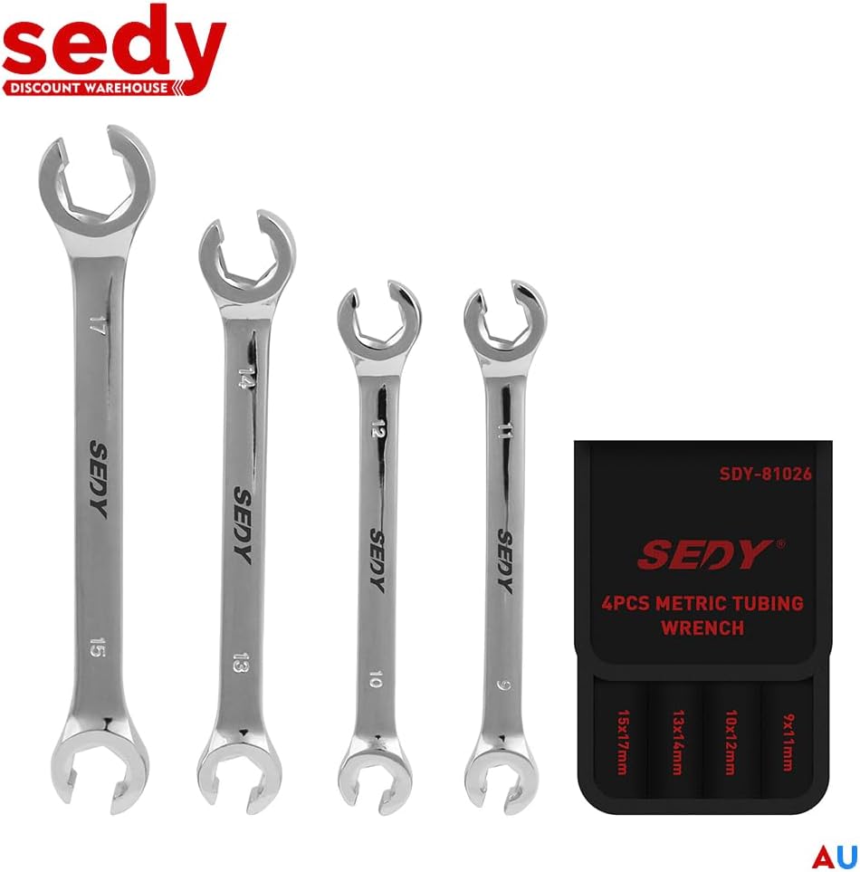 SEDY 4PCS Metric Tubing Wrench Set, double open end, 15° offset for tight spaces, CR-V steel, rust-resistant, ideal for plumbing and automotive use