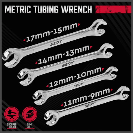 SEDY 4PCS Metric Tubing Wrench Set, double open end, 15° offset for tight spaces, CR-V steel, rust-resistant, ideal for plumbing and automotive use