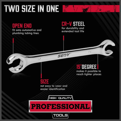 SEDY 4PCS Metric Tubing Wrench Set, double open end, 15° offset for tight spaces, CR-V steel, rust-resistant, ideal for plumbing and automotive use