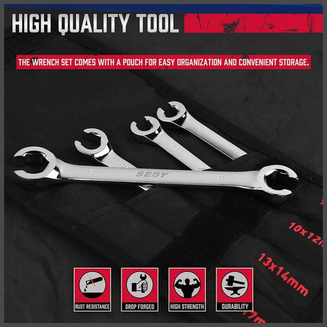 SEDY 4PCS Metric Tubing Wrench Set, double open end, 15° offset for tight spaces, CR-V steel, rust-resistant, ideal for plumbing and automotive use