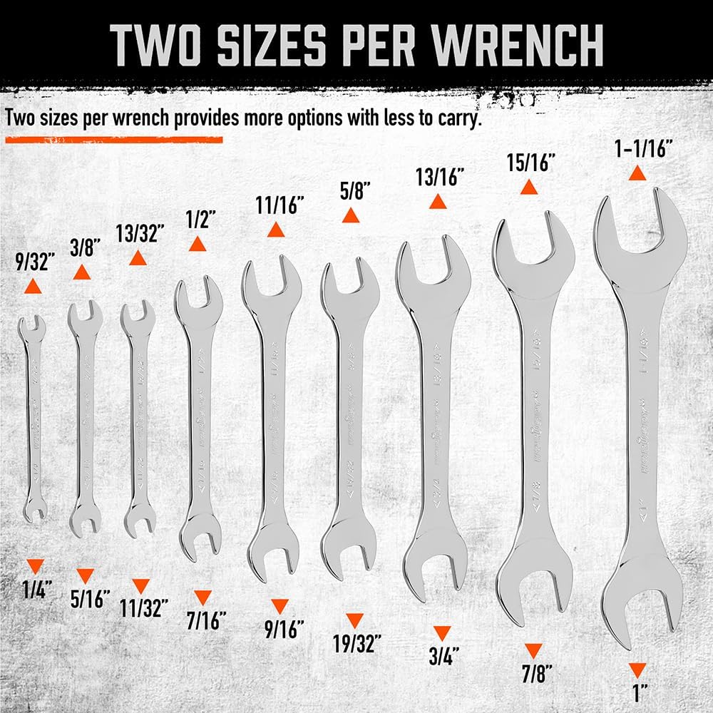 HORUSDY 19-piece SAE and Metric open-end wrench set with ultra-thin 3mm design, dual-size spanners, and two roll-up storage pouches