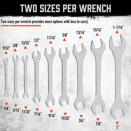 HORUSDY 19-piece SAE and Metric open-end wrench set with ultra-thin 3mm design, dual-size spanners, and two roll-up storage pouches