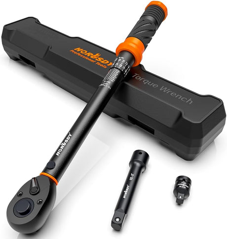 HORUSDY 1/2 inch drive torque wrench set with dual scale, extension bar, and adapter in carrying case, suitable for automotive and mechanical use