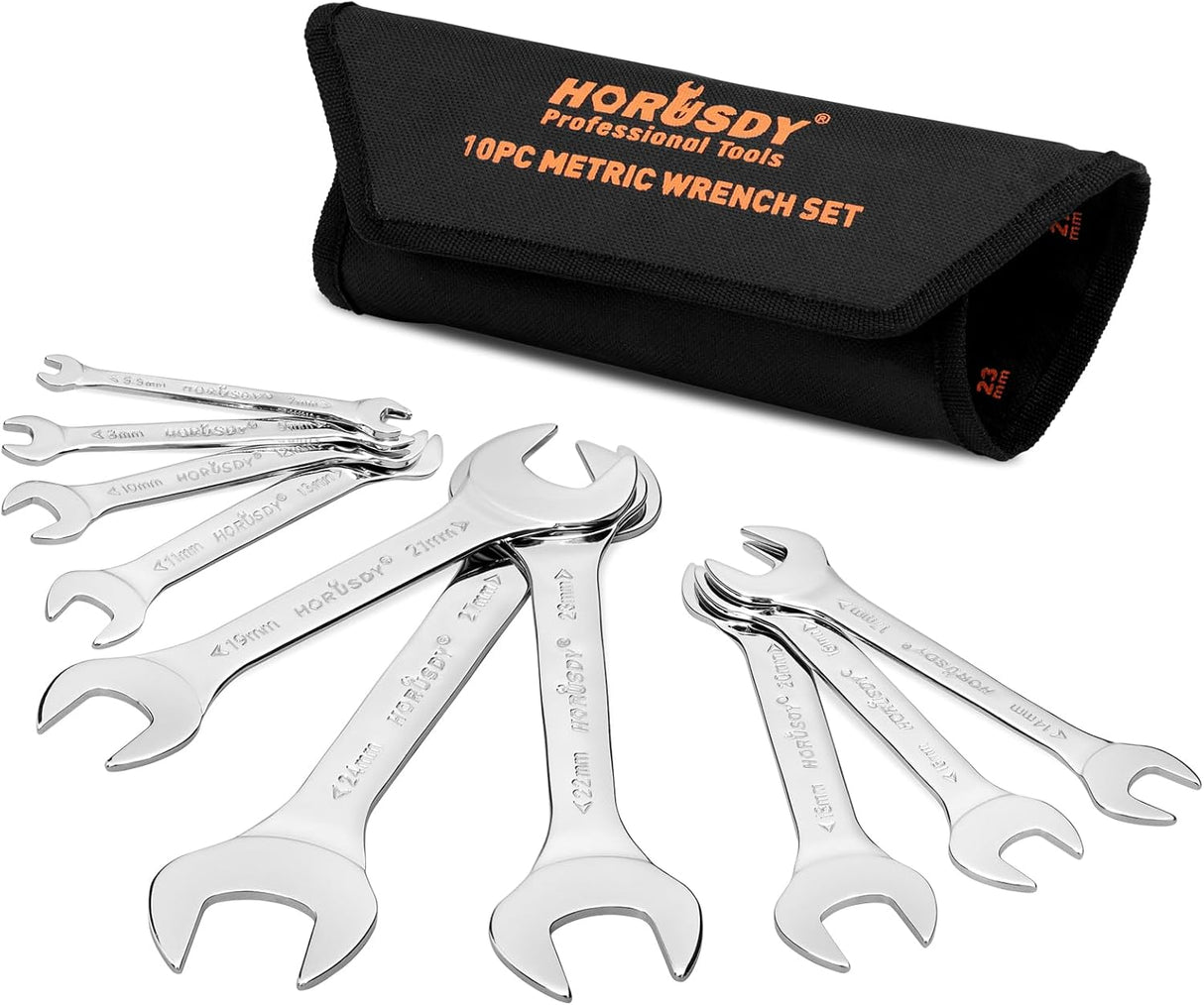 HORUSDY 10-piece super-thin open-end wrench set with dual-size metric spanners and roll-up storage pouch for tight spaces