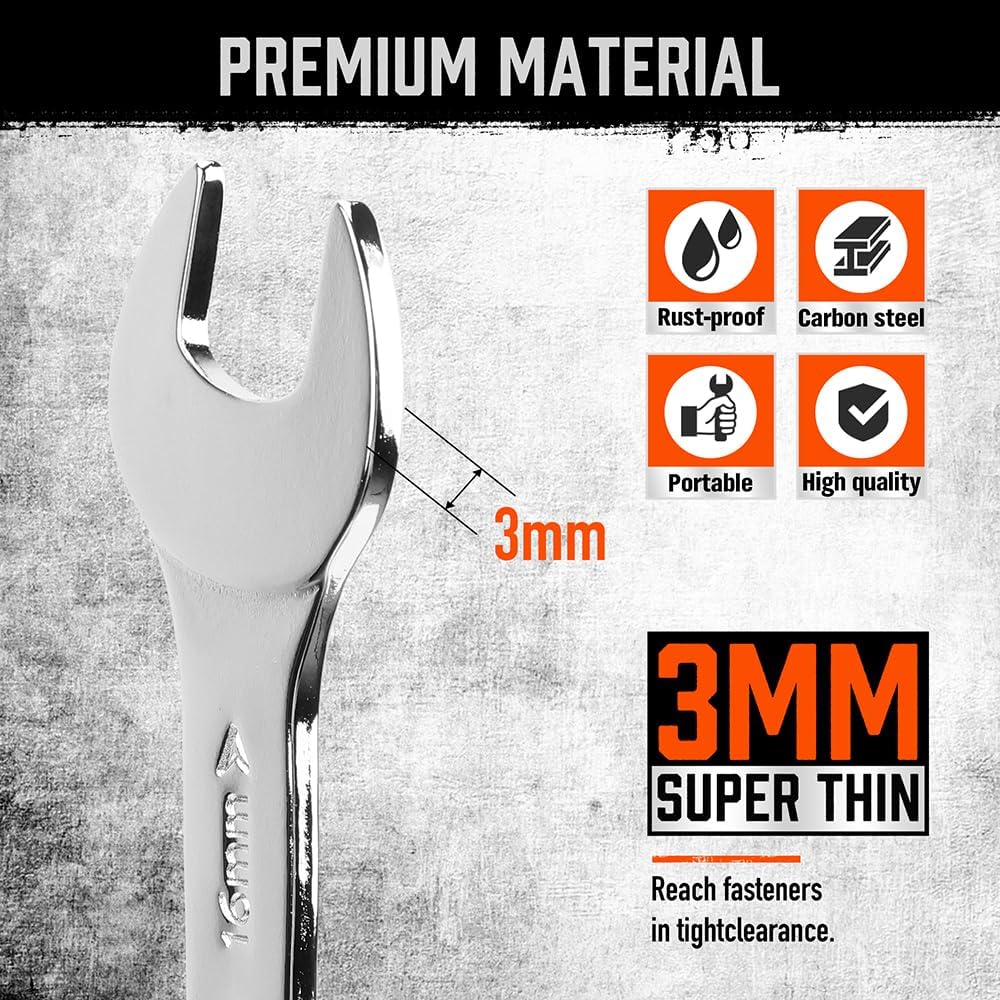 HORUSDY 10-piece super-thin open-end wrench set with dual-size metric spanners and roll-up storage pouch for tight spaces
