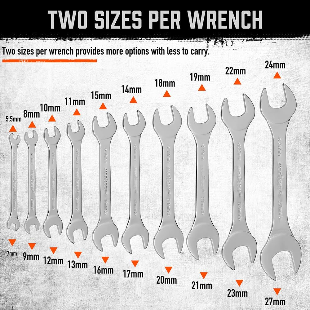 HORUSDY 10-piece super-thin open-end wrench set with dual-size metric spanners and roll-up storage pouch for tight spaces