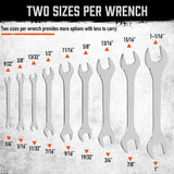 HORUSDY super-thin open end wrench set with 3mm slim design, 18 SAE sizes, carbon steel, and roll-up storage pouch
