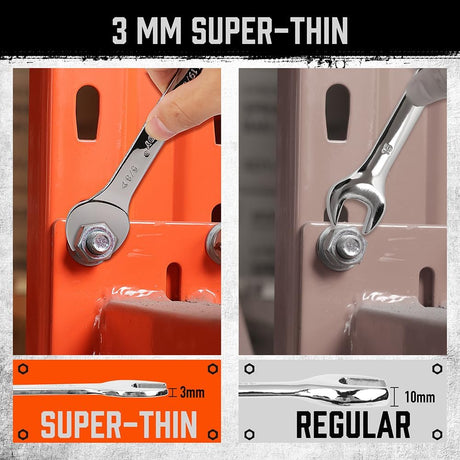 HORUSDY super-thin open end wrench set with 3mm slim design, 18 SAE sizes, carbon steel, and roll-up storage pouch