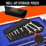HORUSDY super-thin open end wrench set with 3mm slim design, 18 SAE sizes, carbon steel, and roll-up storage pouch